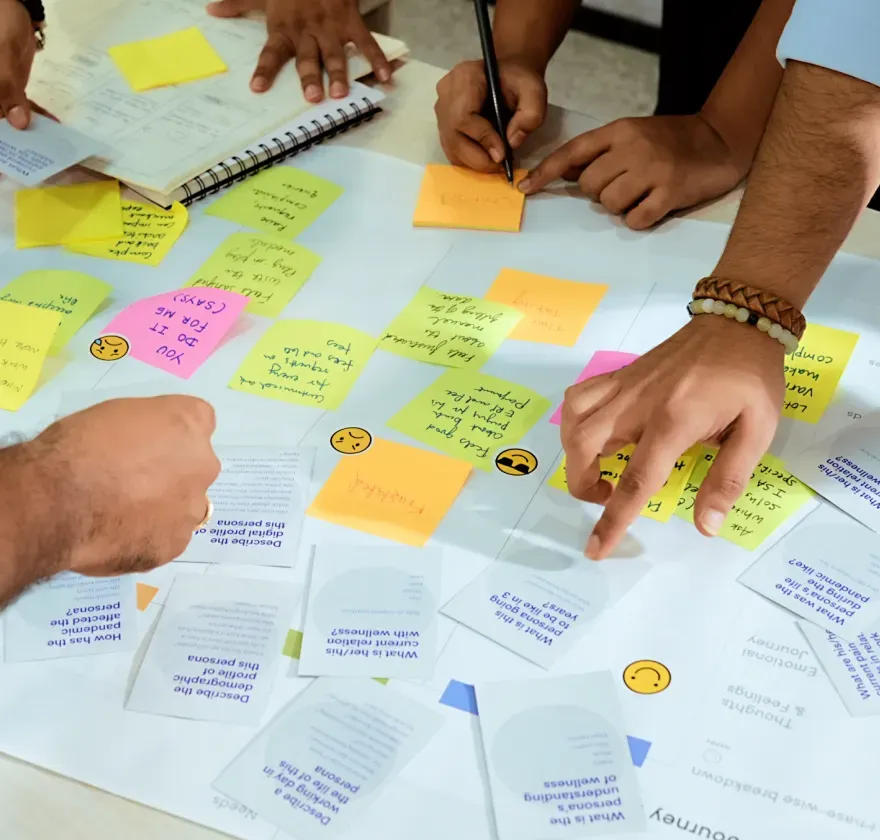 Smit.fit UX Research Team mapping wellness app features with sticky notes during the Smit.fit UX research and product design process.