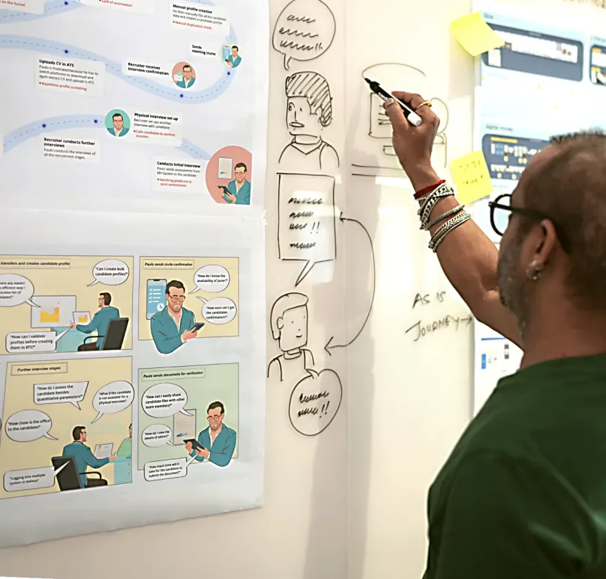 Qfix Icon designing Spinach team member mapping user journeys on a wall during the Qfix by Pine Labs UX research process.