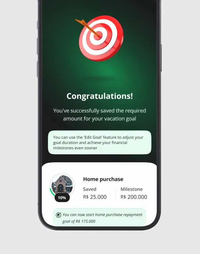 Flow Goal Success Screen Flow App success screen showcasing completed savings milestone and home purchase repayment goal.
