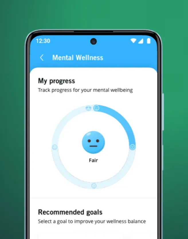 Fully Wellness App Progress Screen Fully Wellness Ecosystem mobile screen showing mental wellness progress and recommended goals.