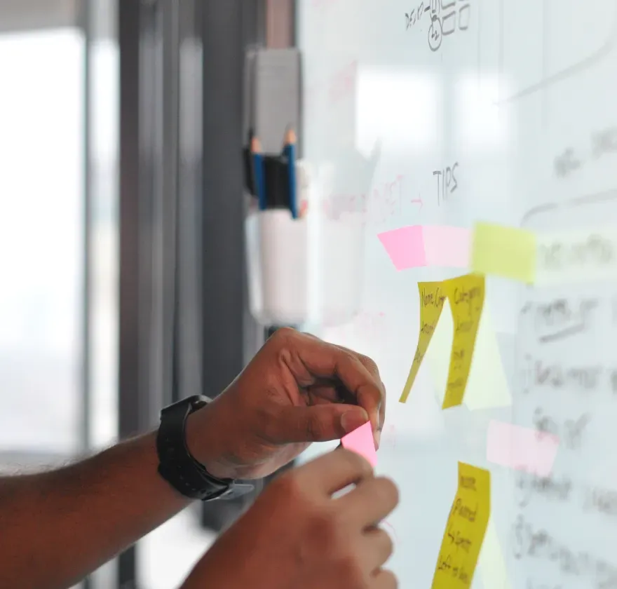 Whiteseed Research Whiteboard Sticky notes on a whiteboard during Whiteseed UX research and smart home product planning.