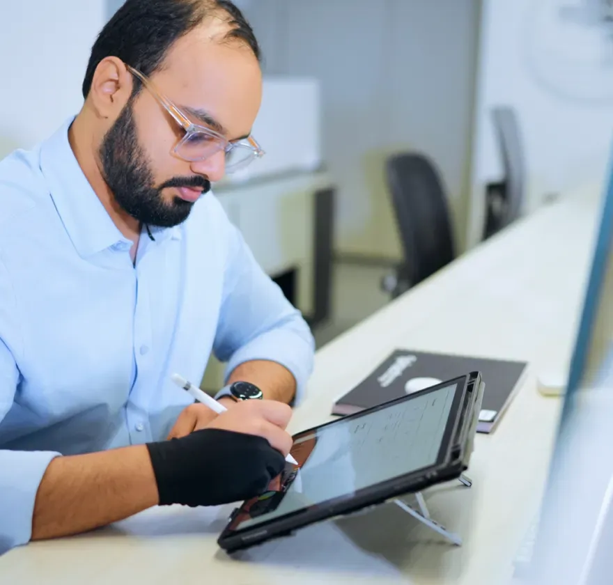 Prudential Financial Tablet UX Research UX team member using a tablet and stylus during the research and digital product design process.