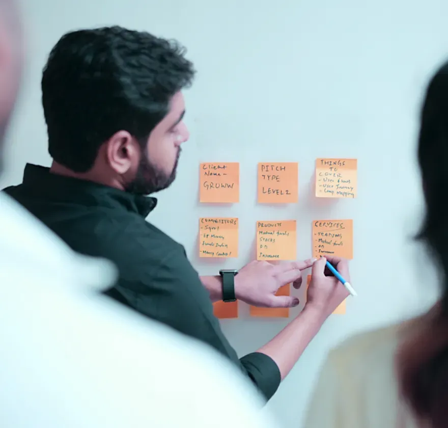 Mahindra Accelo UX Research Research session for the Mahindra Accelo website project with sticky notes used for content and UX planning