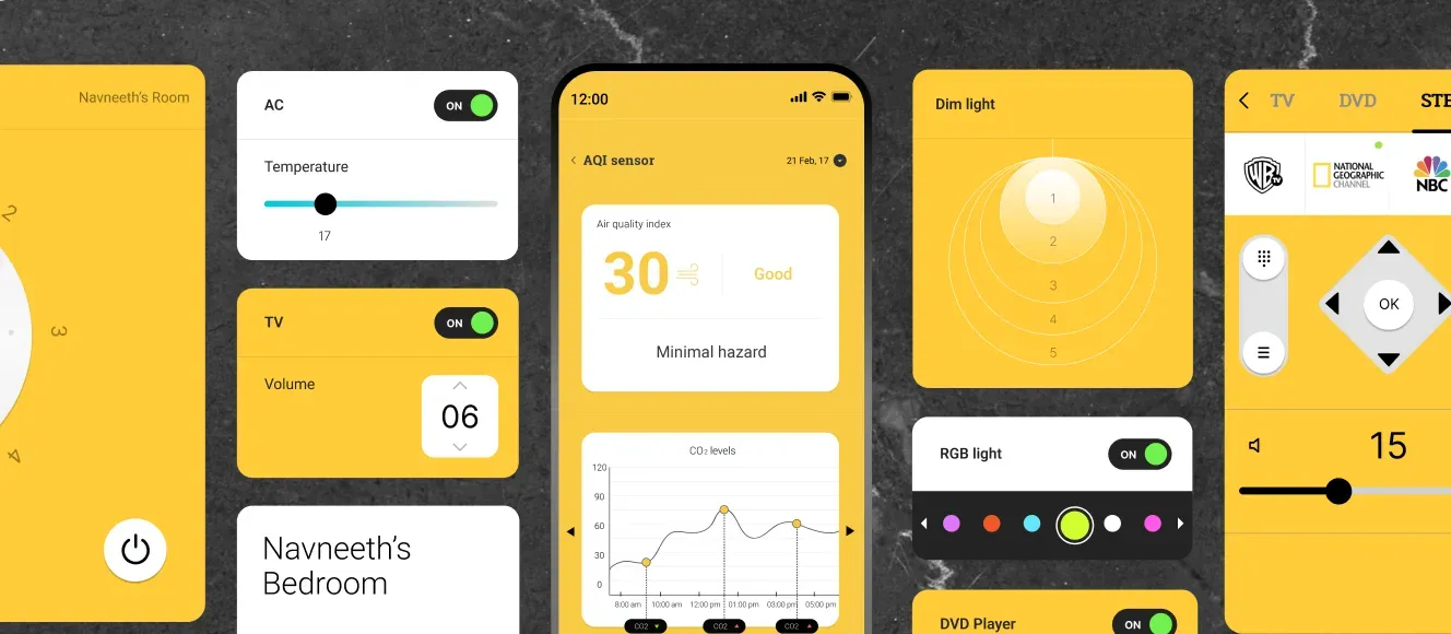 Whiteseed Smart Home App Dashboard Whiteseed smart home dashboard showing AC, TV, air quality, dim light and RGB light controls.