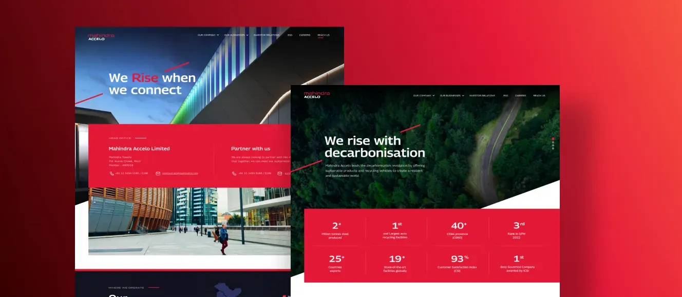 Mahindra Accelo UI -2 Mahindra Accelo website screens showing responsive design, sustainability messaging and CMS execution