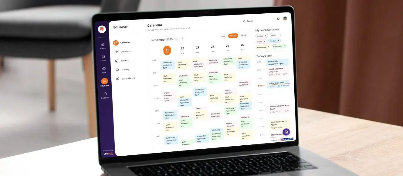 Qfix Calendar Dashboard Qfix calendar dashboard shown on a laptop screen for school and fee management workflows.