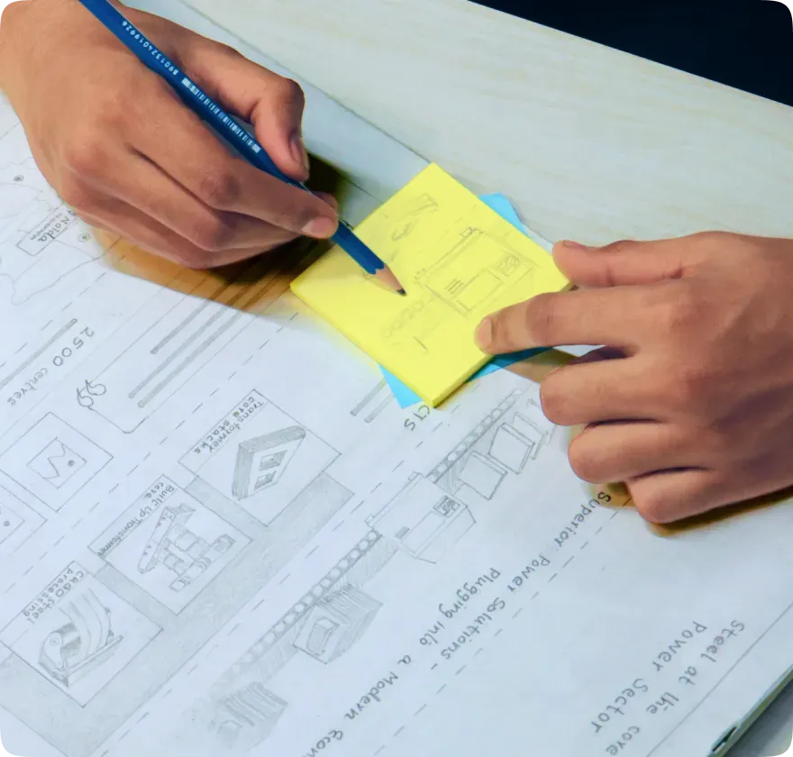 360 ONE Wireframes Hand sketching wireframes on sticky notes for the 360 ONE wealth management digital experience.