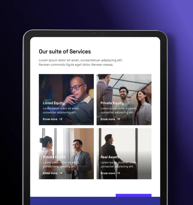 360 ONE Investment Services Interface Tablet interface presenting 360 ONE investment services across listed equity, private equity, private credit and real assets.