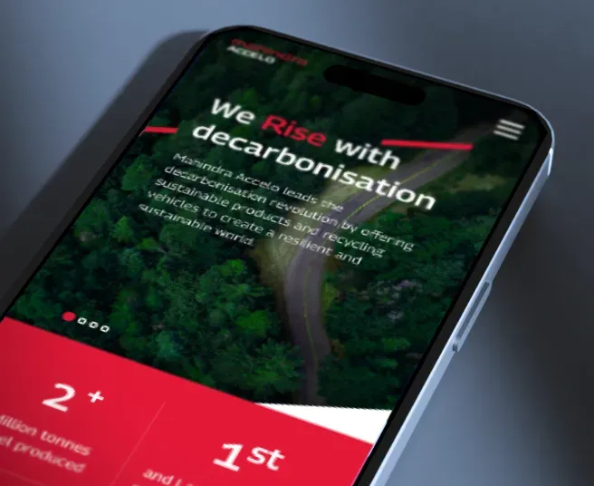 Mahindra Accelo UI -4 Mahindra Accelo mobile interface showing sustainability content and responsive website screen.