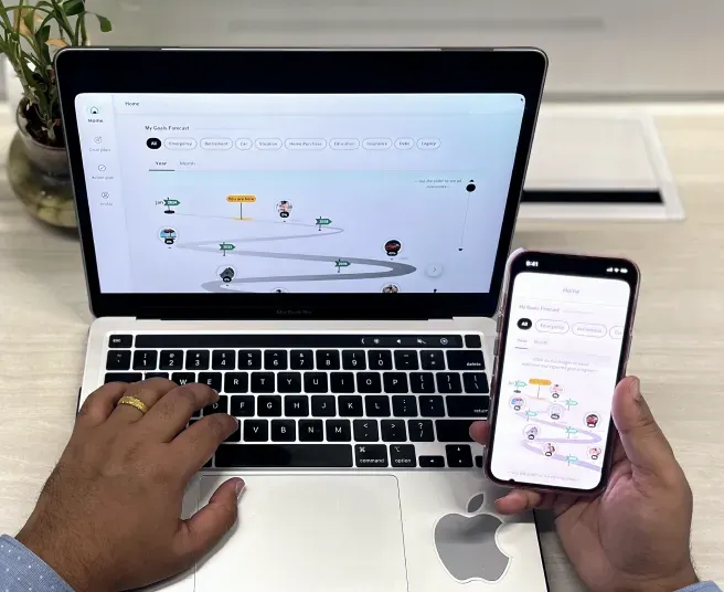 Flow App Cross-Device Testing Flow app desktop and mobile testing setup showcasing full-stack engineering for financial goal planning journeys.
