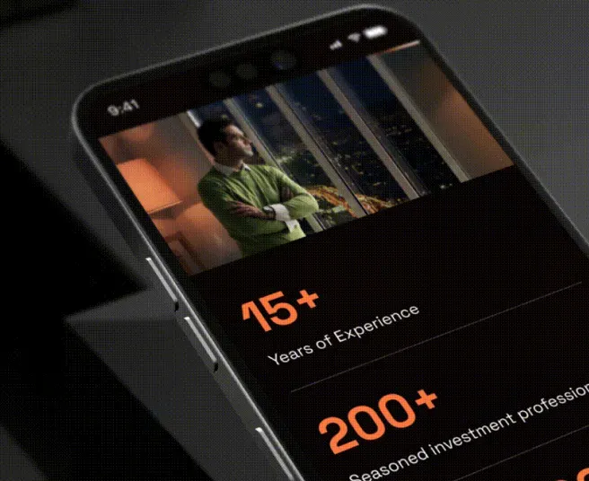 360 ONE Homepage Screen 360 ONE mobile screen highlighting investment expertise and wealth management content design