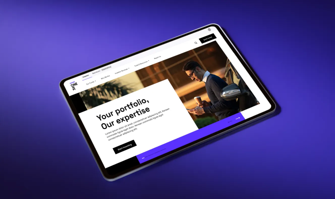 360 ONE Asset Management Website Design Animation Animated tablet mockup showcasing the 360 ONE Asset Management website across investment results, fund listings, equity fund benefits and portfolio content.