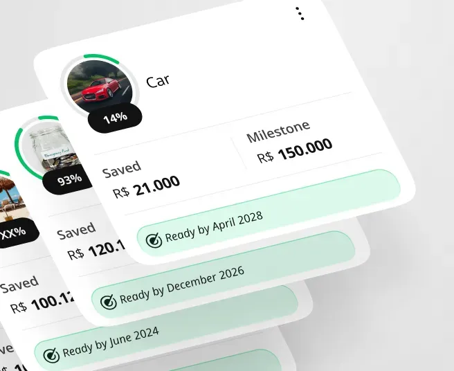 Flow Savings Milestone UI Design Flow App mobile interface showing car savings milestone, saved amount and goal readiness timeline.