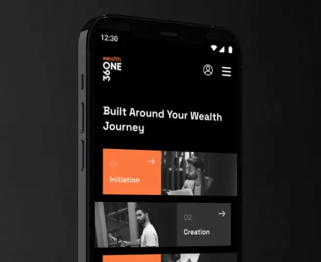 360 ONE Wealth Journey Screen 360 ONE mobile screen showing wealth journey navigation and investment content categories.