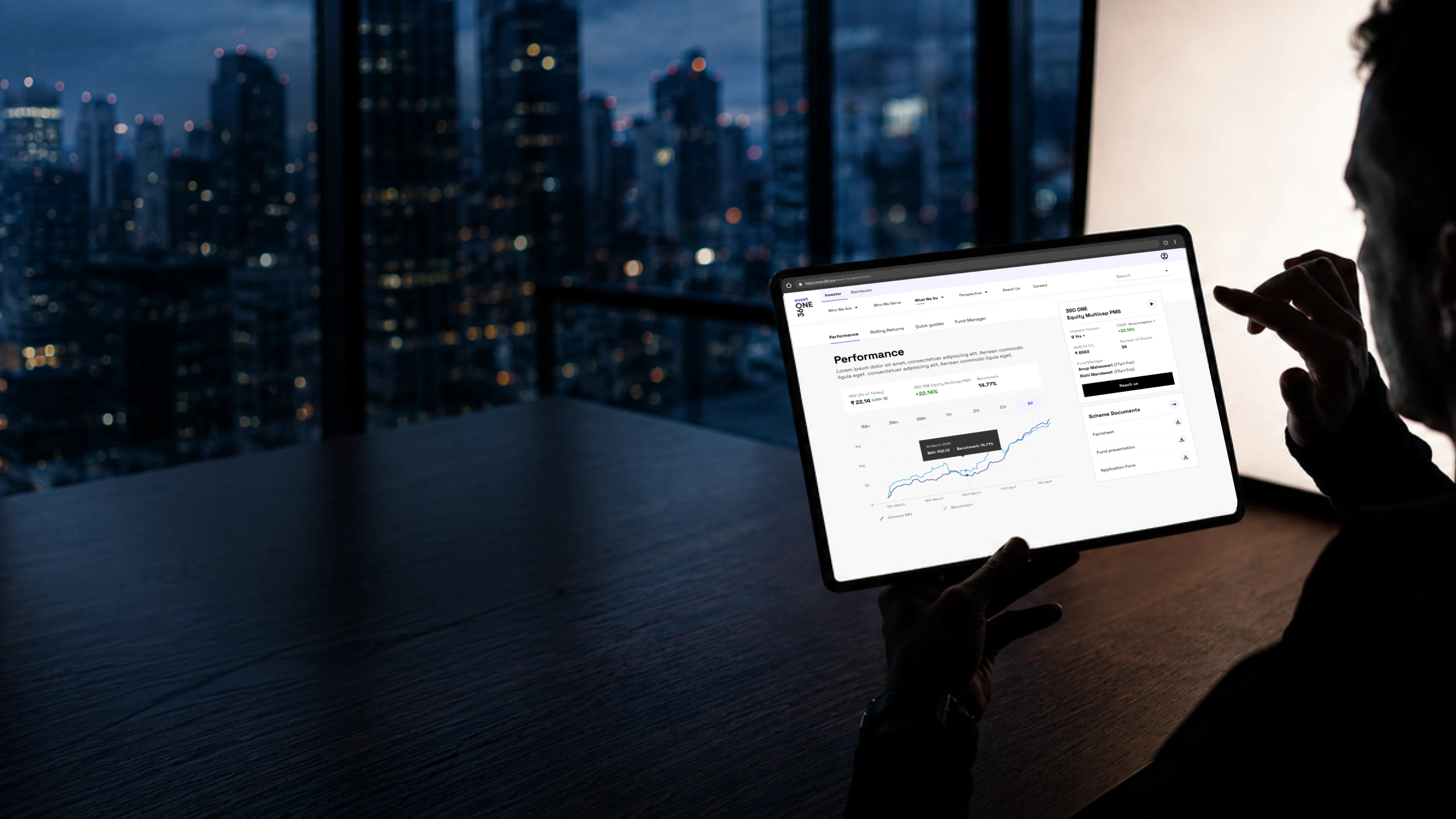 360 ONE Asset Management website case study Person using the 360 ONE Asset Management website on a tablet against a city skyline.