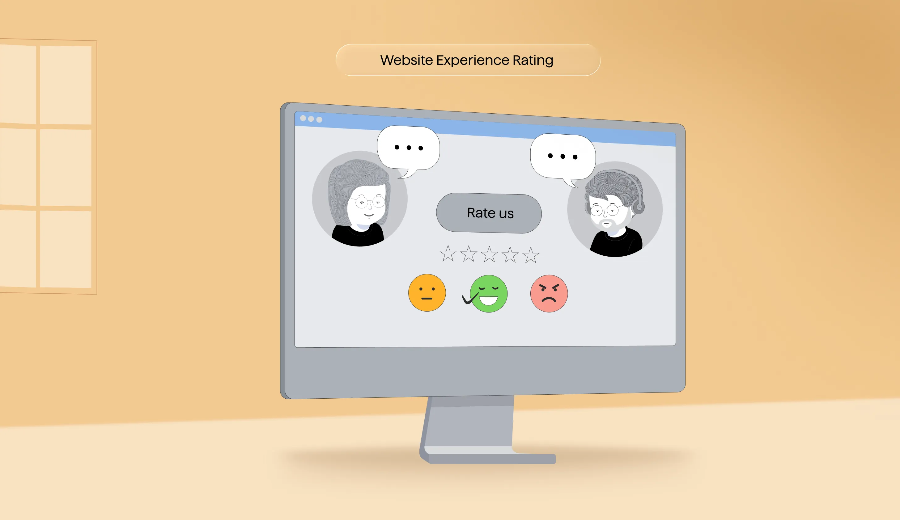 Website User Experience Rating A desktop monitor display showcasing a website experience rating scale with customer faces and emoji feedback icons.