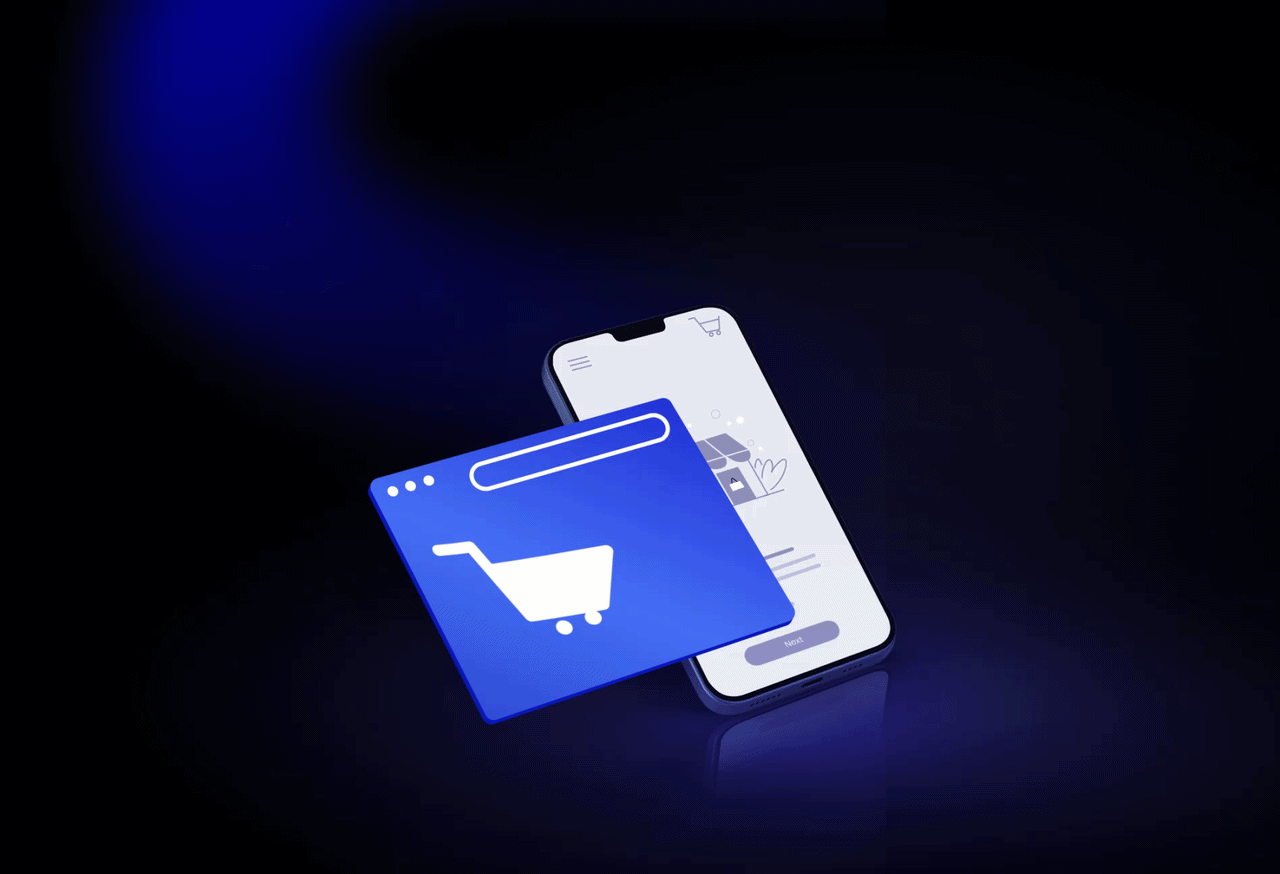 E-commerce Sector E-commerce sector illustration with a shopping cart card and mobile screen representing online shopping experiences