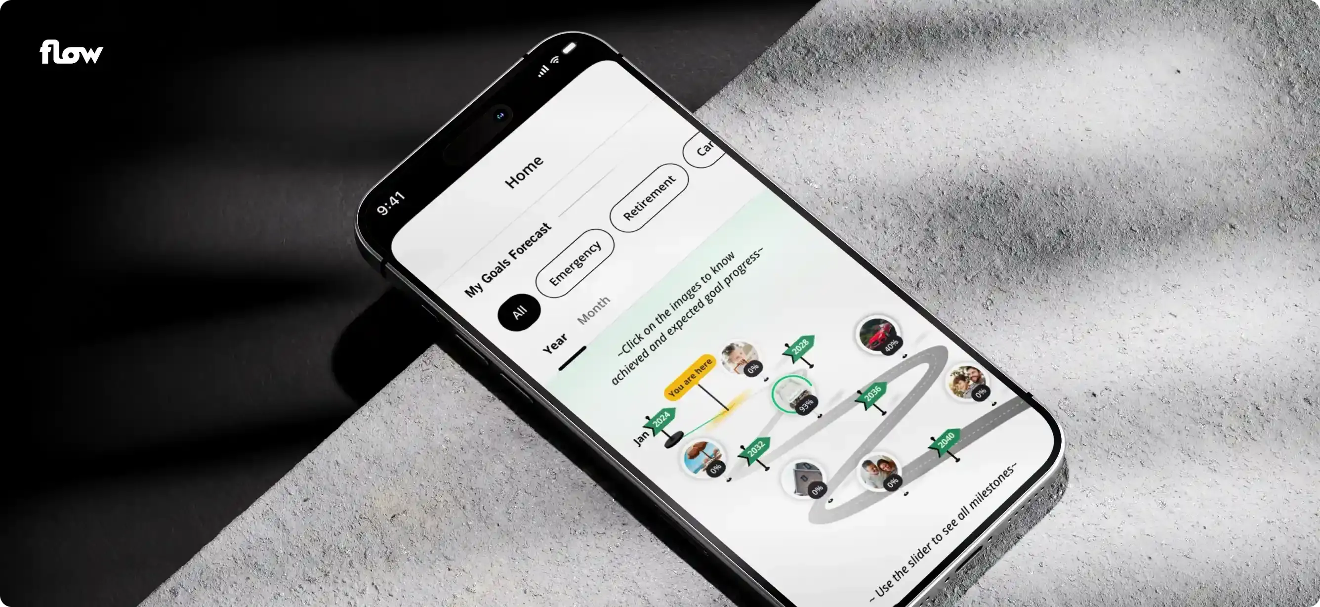 Flow Financial Planner App Financial planning app experience designed to help users manage savings and achieve their goals.