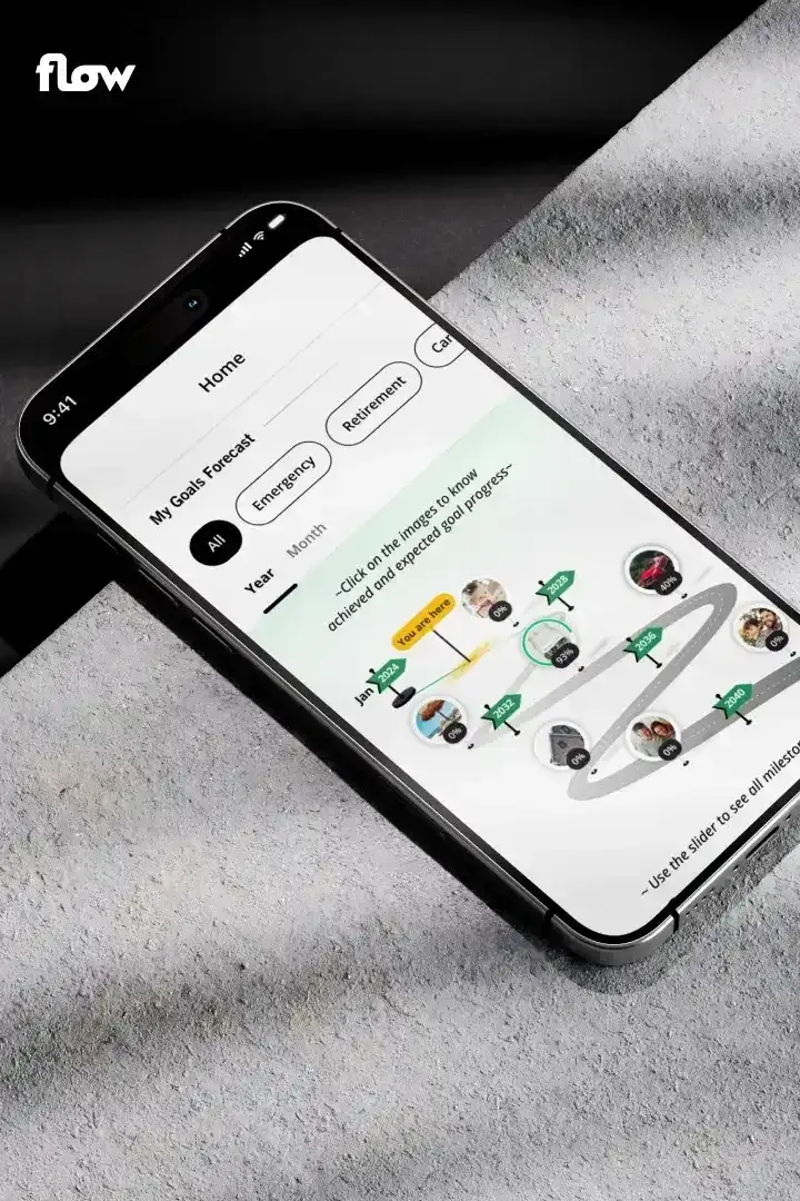 Flow Financial Planner App Financial planning app experience designed to help users manage savings and achieve their goals.