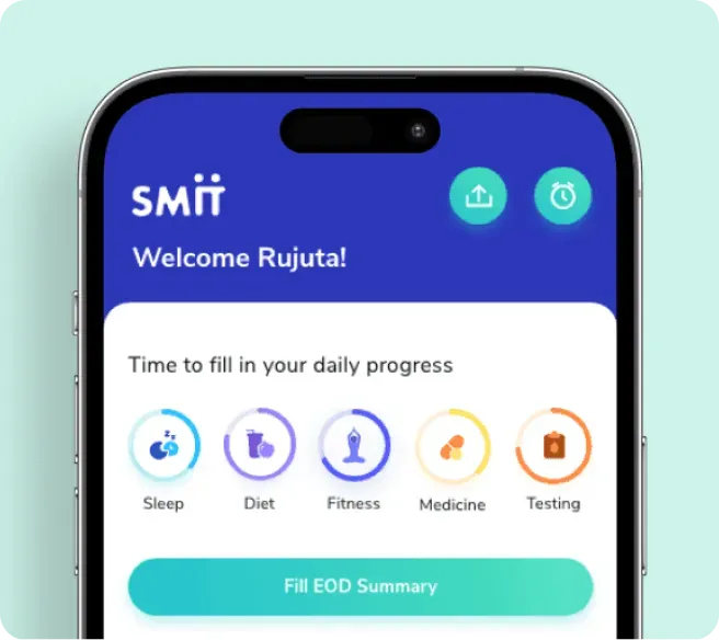 Smit.fit Daily Progress Screen Smit.fit screen showcasing daily fitness progress with steps, diet, fitness, medicine and training goals.