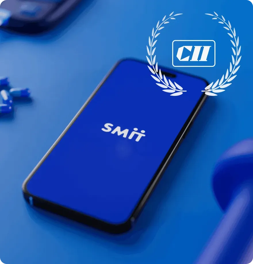 Smit.fit Screen with CII Design Award recognition. Smit.fit screen showing the app interface with CII Design Award recognition.