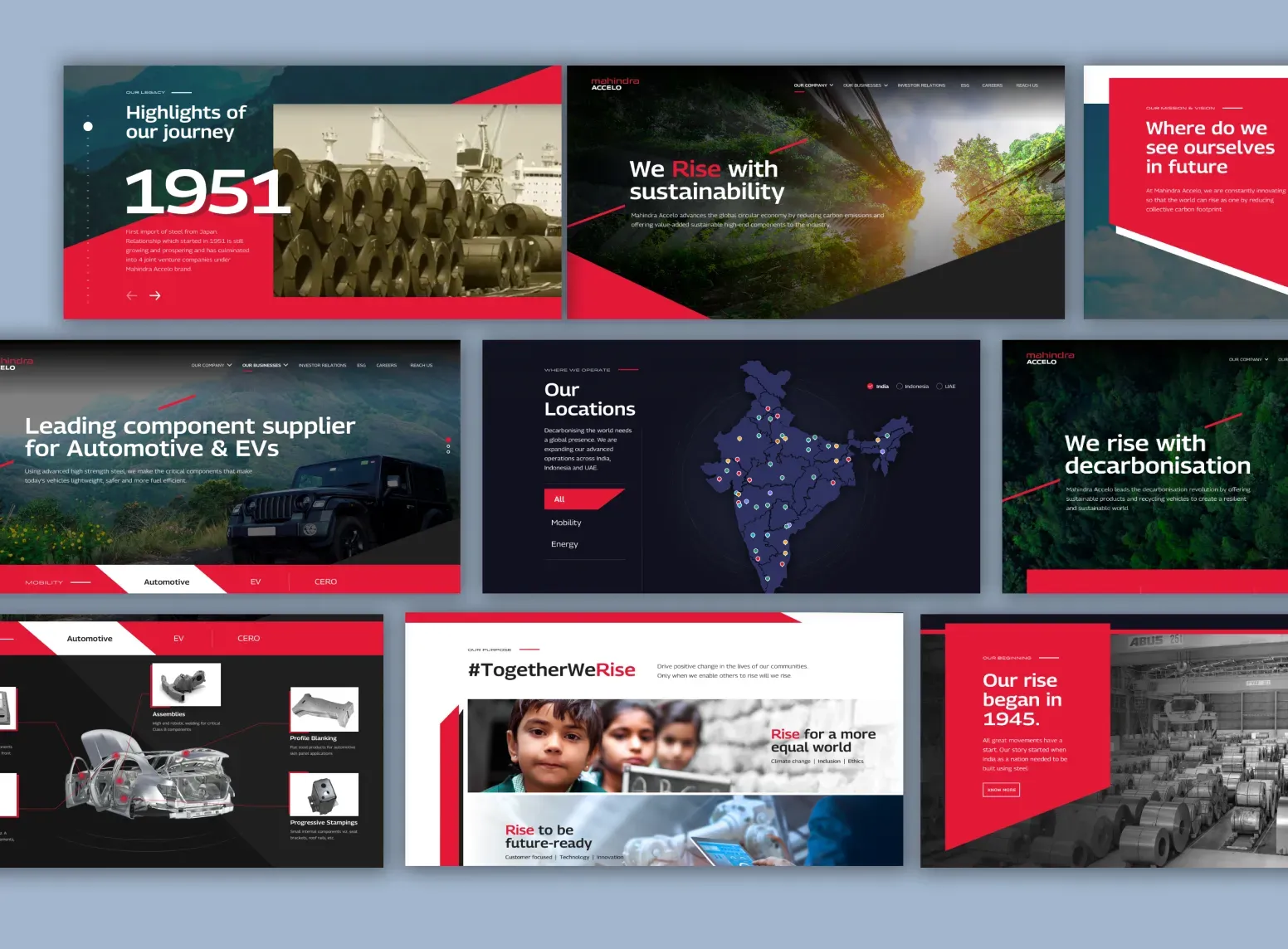 Mahindra Accelo Website Design Mahindra Accelo website screens direction showing visual layouts for sustainability, business and brand storytelling.
