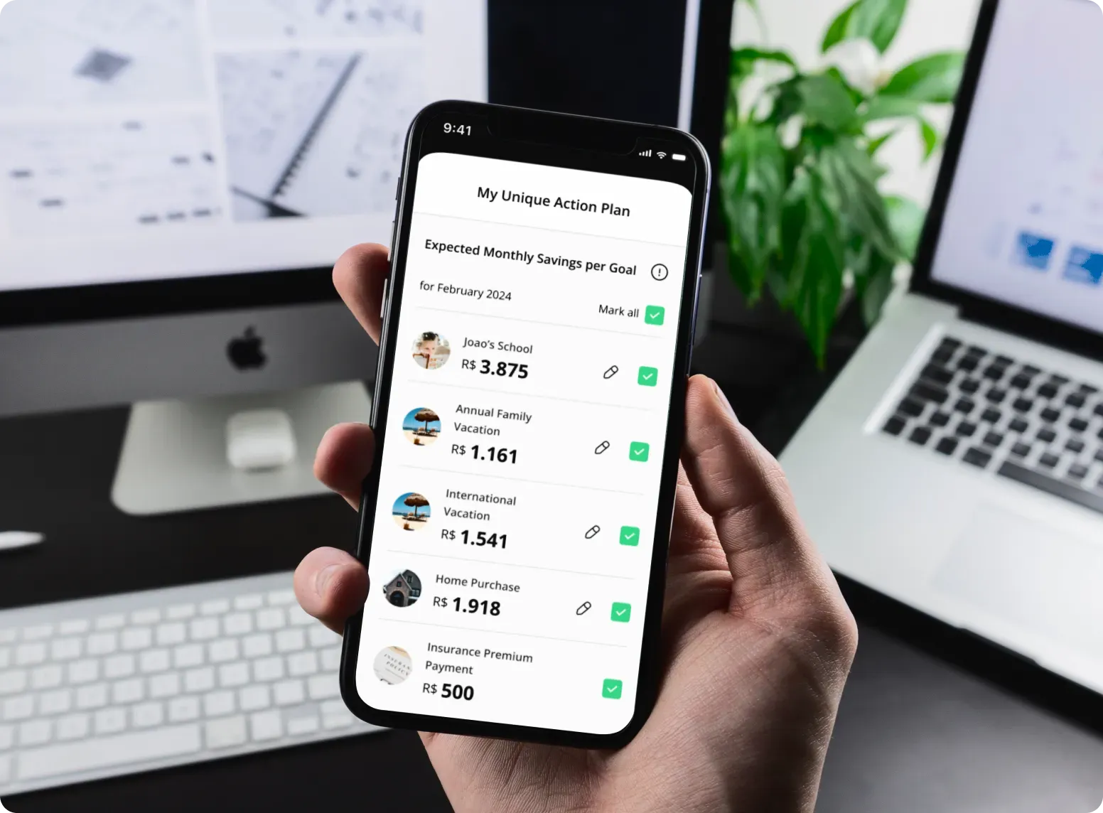 Flow Action Plan UI Flow app mobile screen exploring action plans, monthly savings and financial goal tracking.