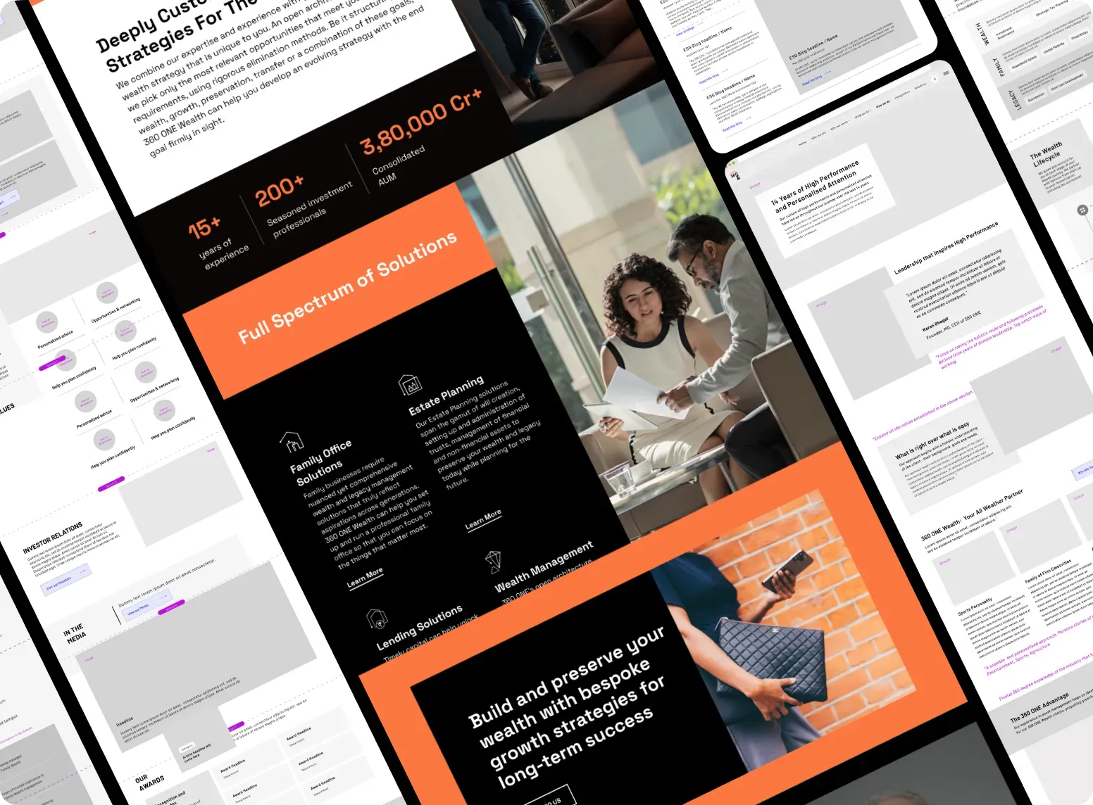 360 ONE Website Design 360 ONE wealth management website layouts showing investment content and digital experience design.